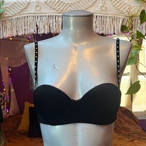 Vintage Y2K 2000s black velvet padded bra rhinestone studded straps